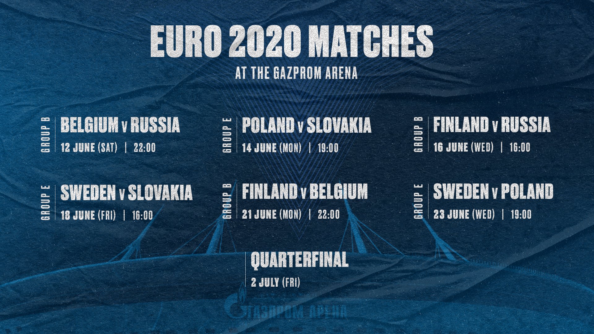 UEFA bekräftar de EM 2020 matcher som ska spelas på Gazprom Arena